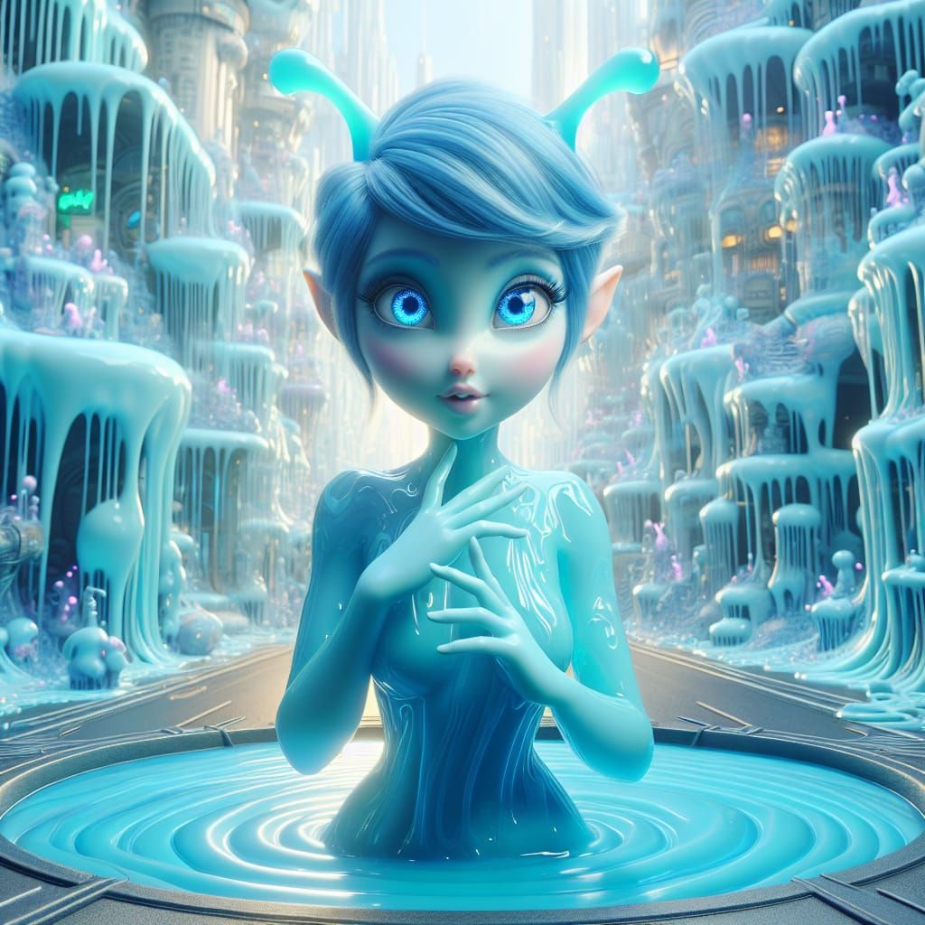 Fantasy Slime Creature in Psychedelic Cityscape