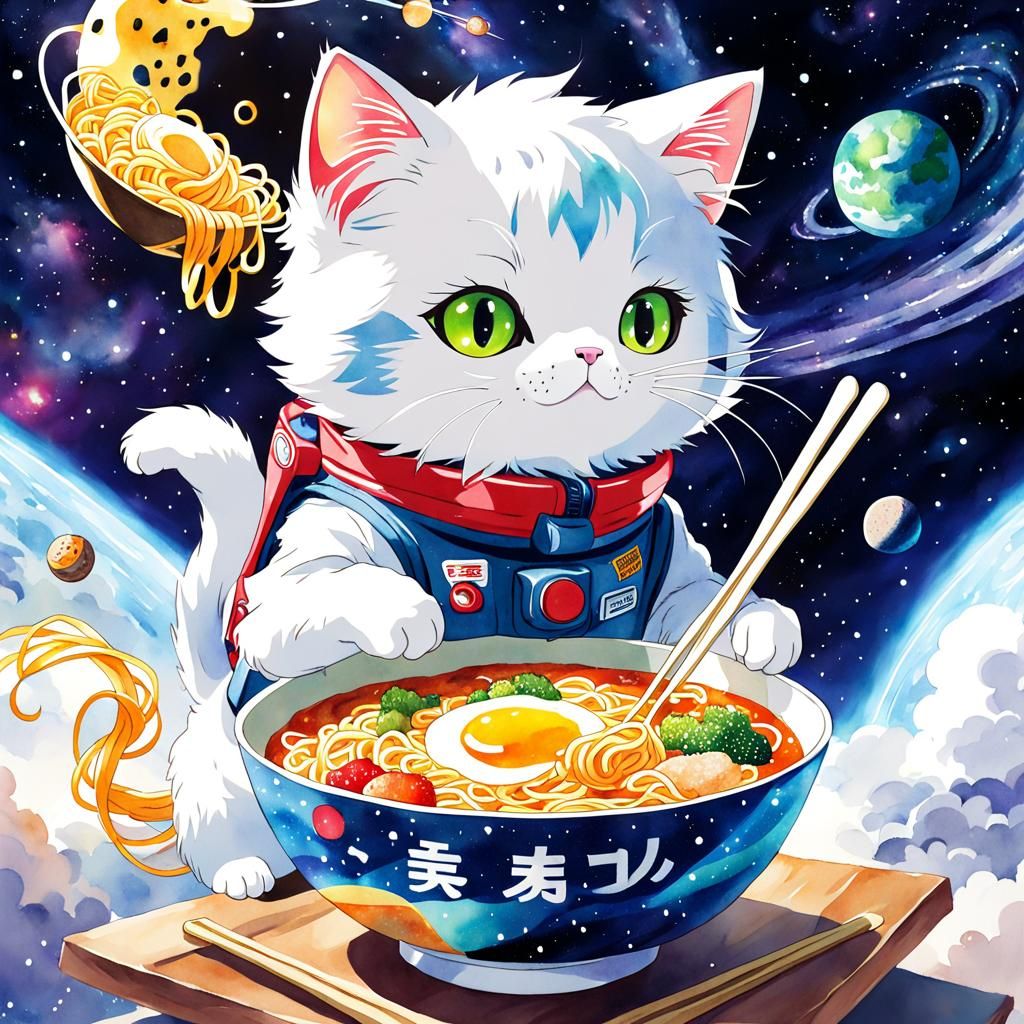 watercolor cat in space with ramen