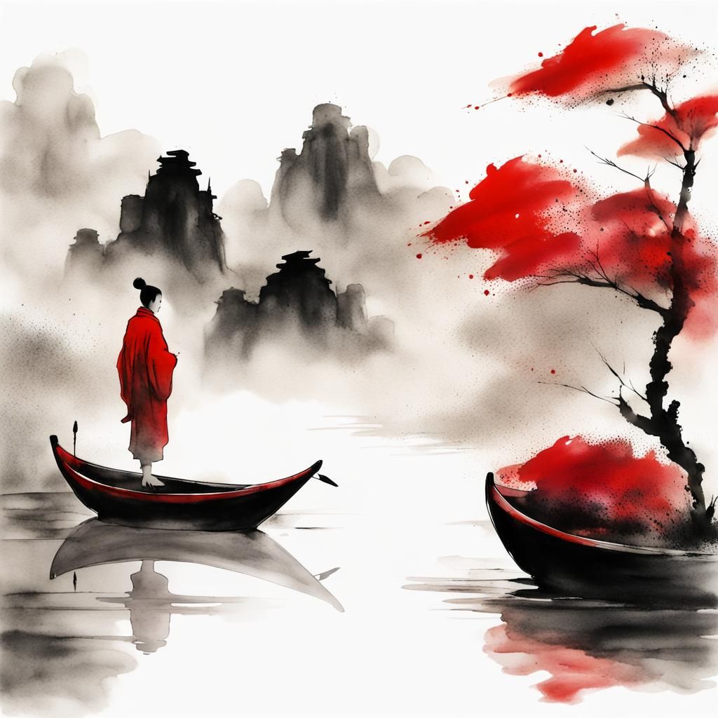 Chinese Ink and Water Landscape, white background , small boat , red ...