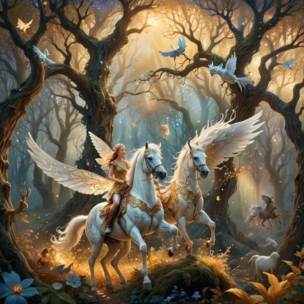 Forêt enchantée, ses animaux et une fée à cheval, pas d'imperfections !