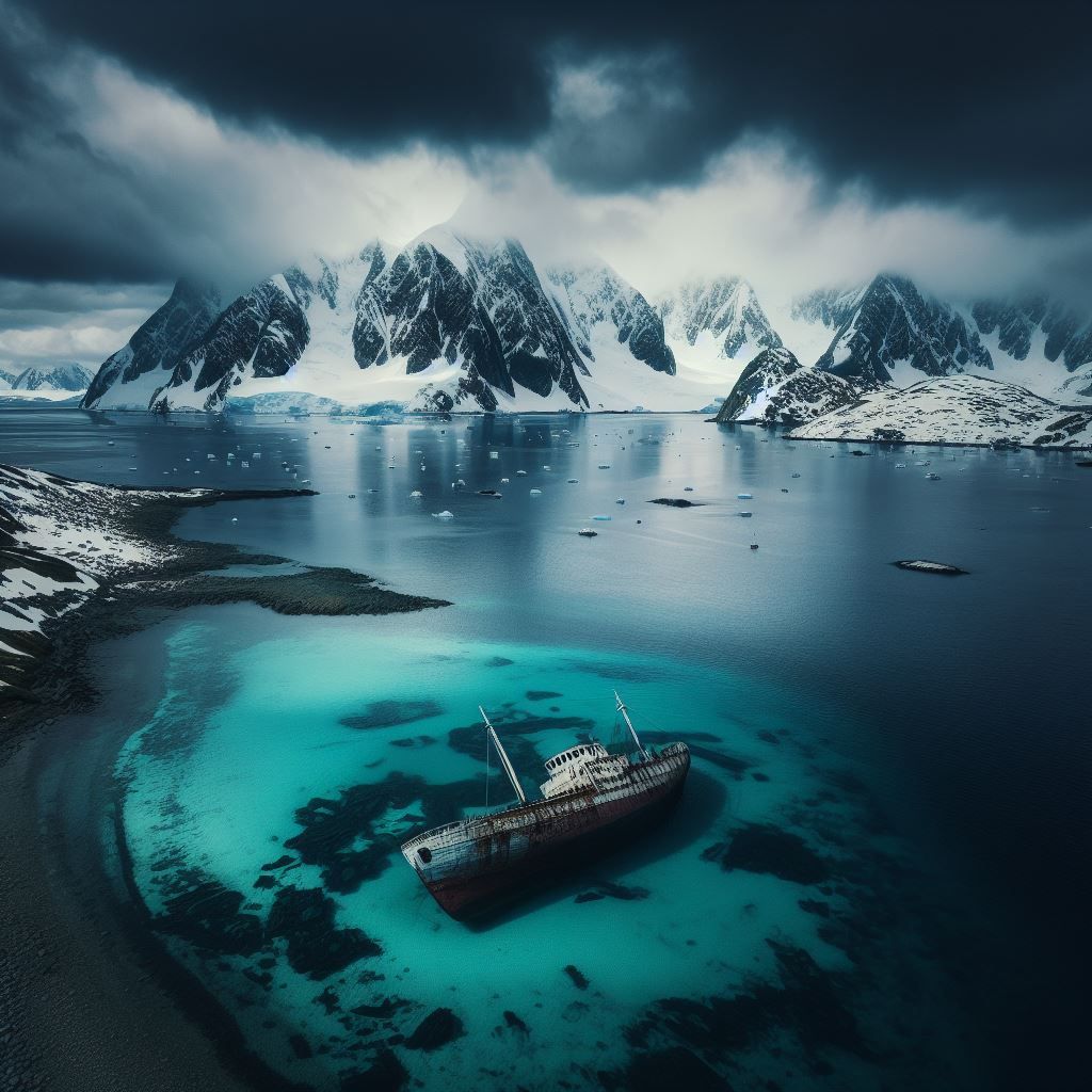 A sunken yacht in icy waters, Antarctica