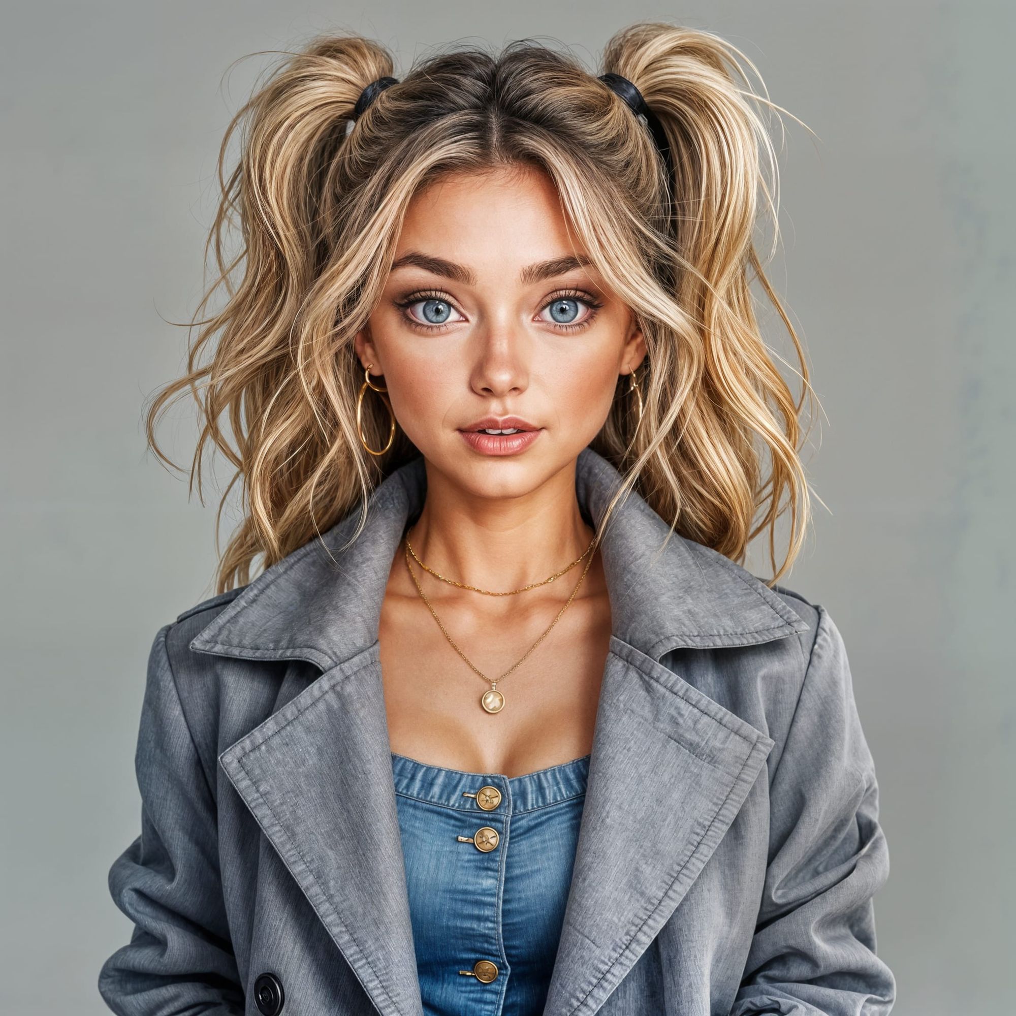 <lora:Beautiful women:1.0> A beautiful, tousled blonde with two ponytails, blue eyes, jewelry, her eyes wide open as well as her mouth, her ...