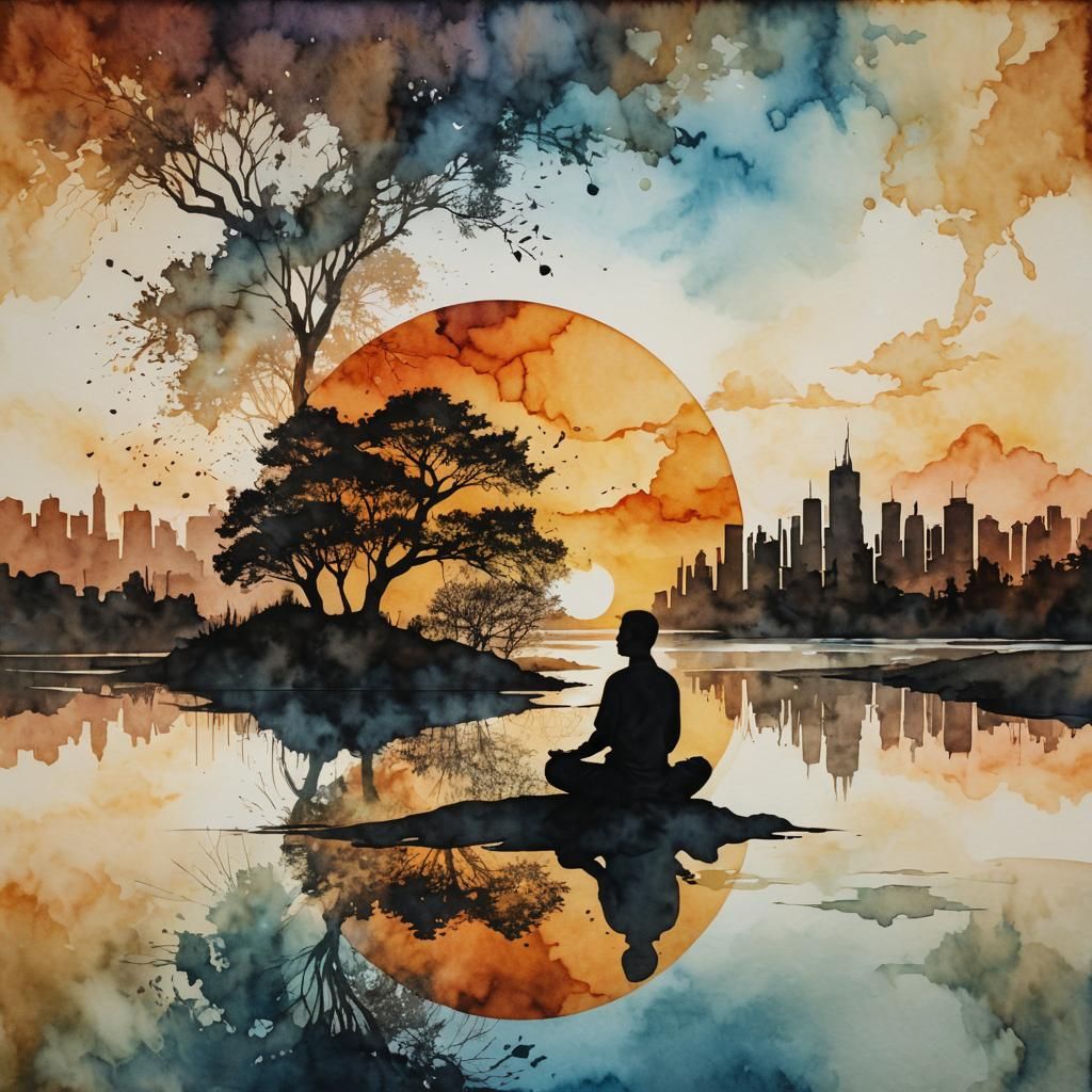 Yin yang Double exposure of silhouette of a person meditating by a river, inside the silhouette is a ...  by @HarrietM