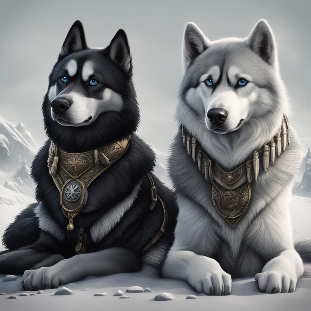 A black & White Siberian Husky and a grey wolf sitting side ...