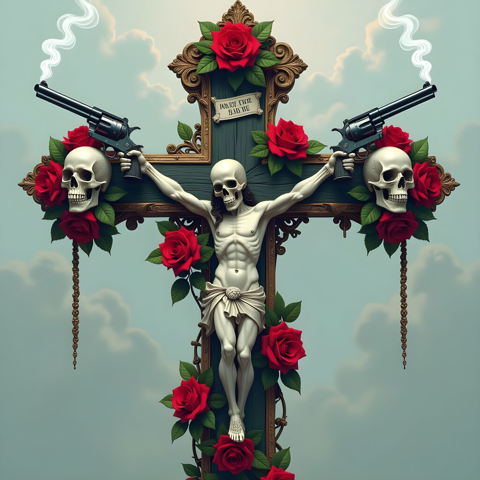 A Giant beautifully detailed 3D cross with rose vines with roses intertwined leaving in and out with a skull on each end of the cross on all...