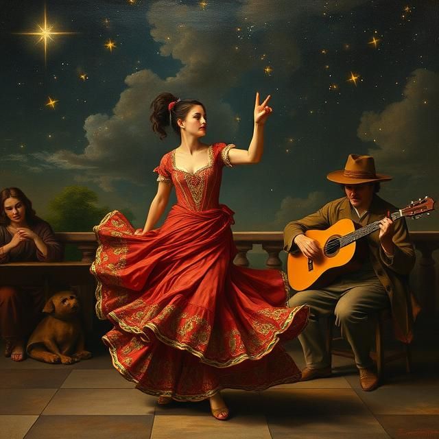 A FLAMENCO DANCER DANCING UNDER THE STARS,  A SEATED GUITAR ...