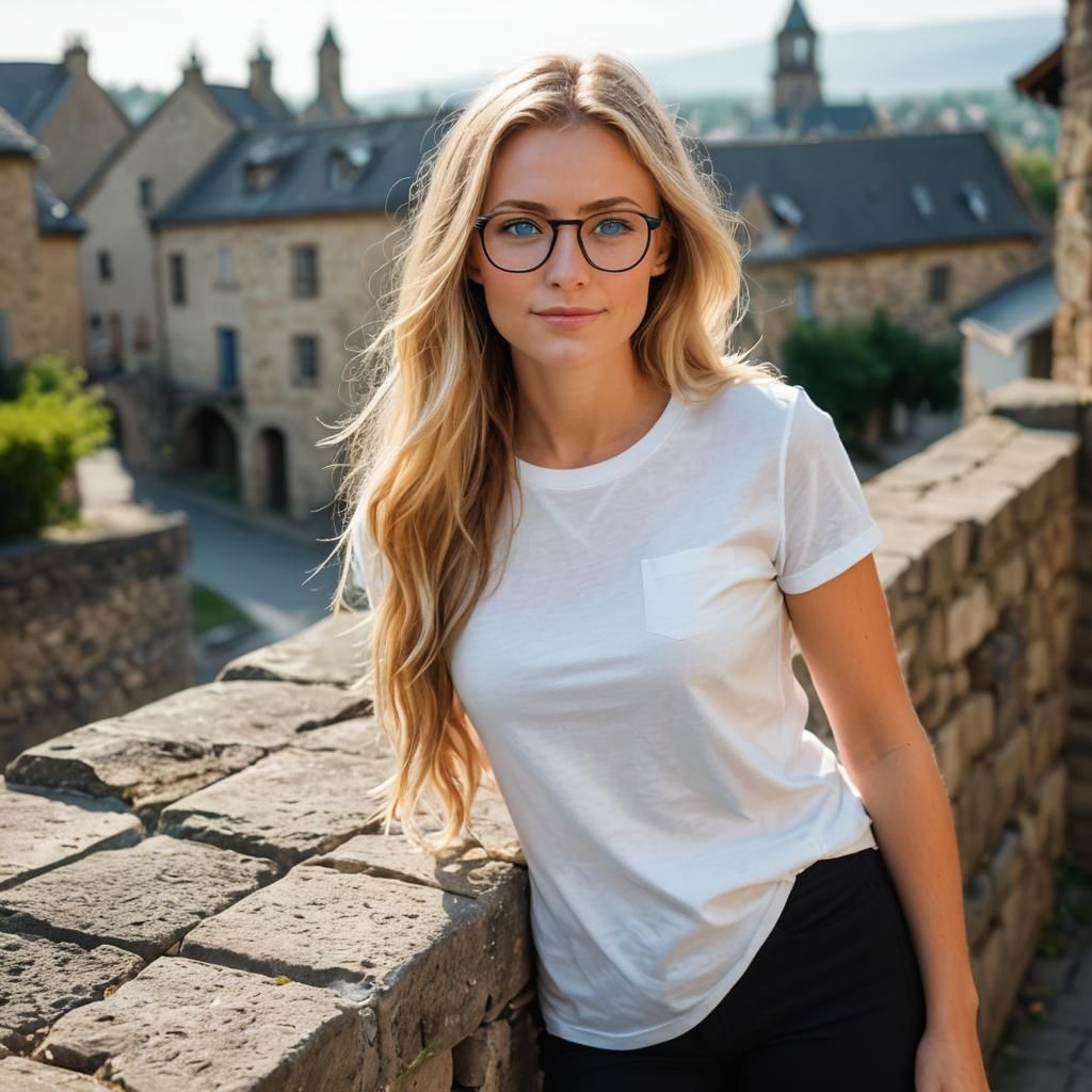 28-year-old woman with long, blonde hair, bright blue eyes, and a distinctive pointed nose, wearing fashionable glasses perched on the bridg...