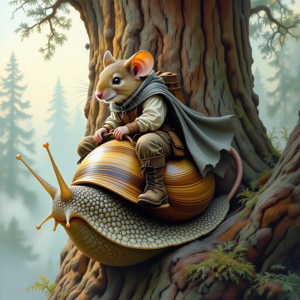 a highly detailed anthropomorphic mouse in shabby clothes, a grey cloak on his back and head, boots on his feet. sits astride a huge snail a...