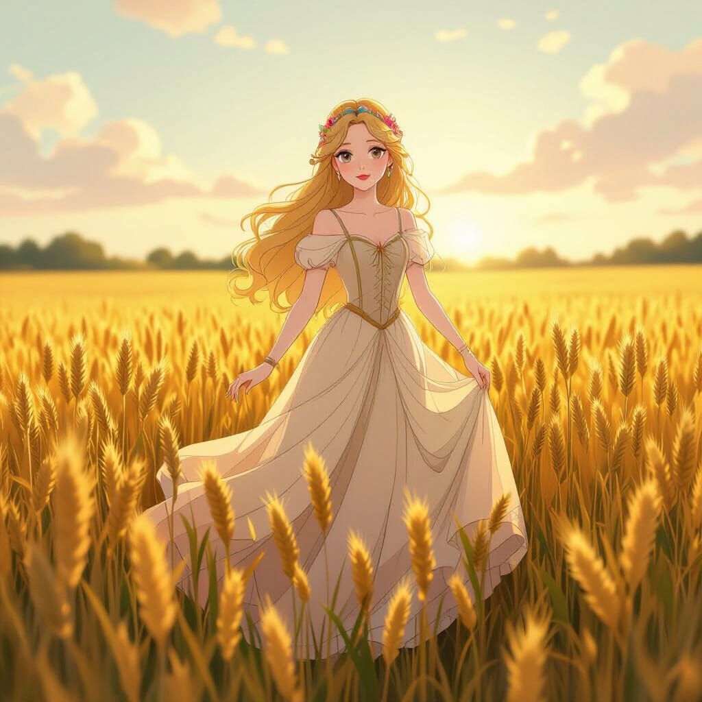 Anime Sleeping Beauty in 1920s Wheat Field