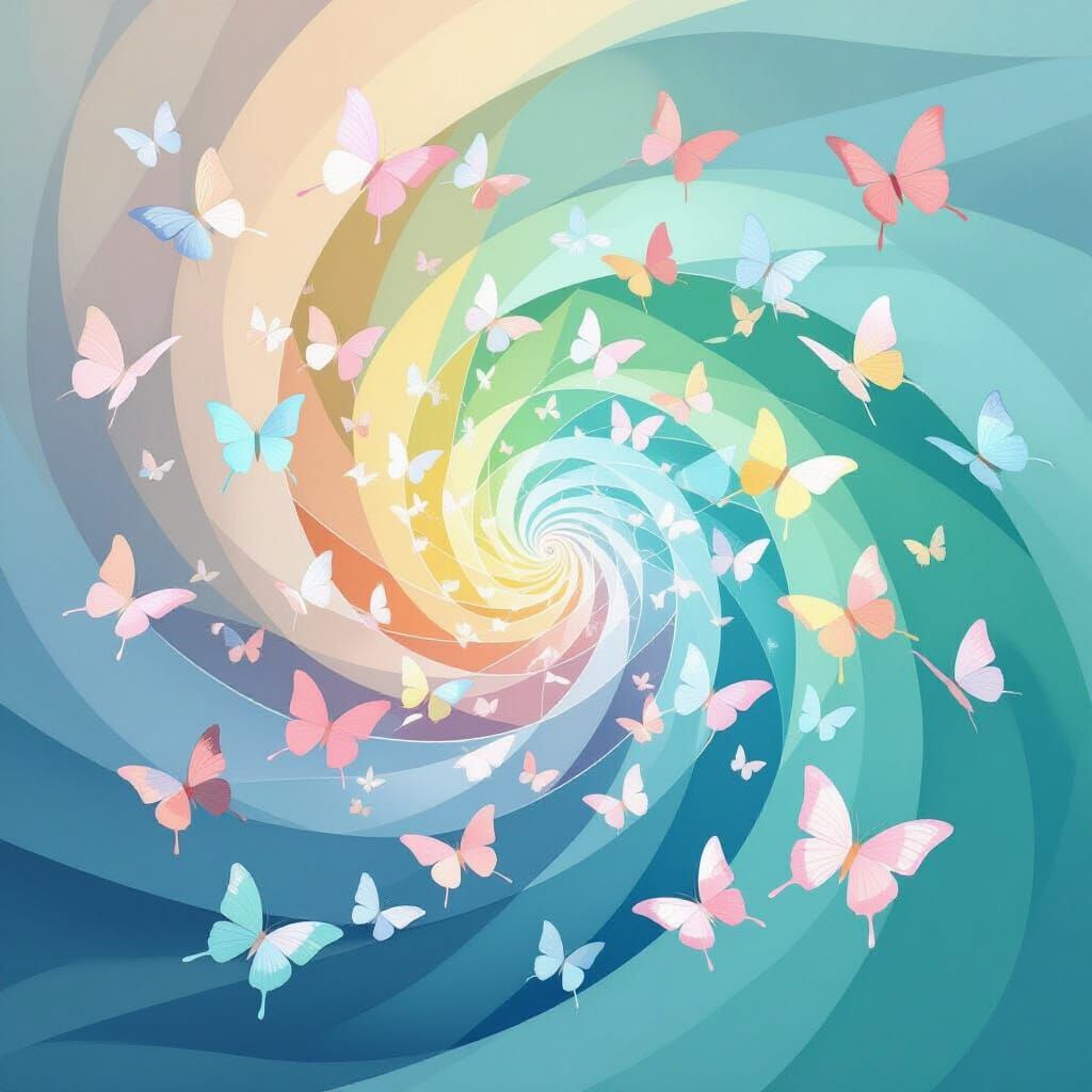 A vibrant digital artwork featuring dozens of delicate butterflies in soft pink, sunny yellow, and sky blue hues dancing within a swirling v...