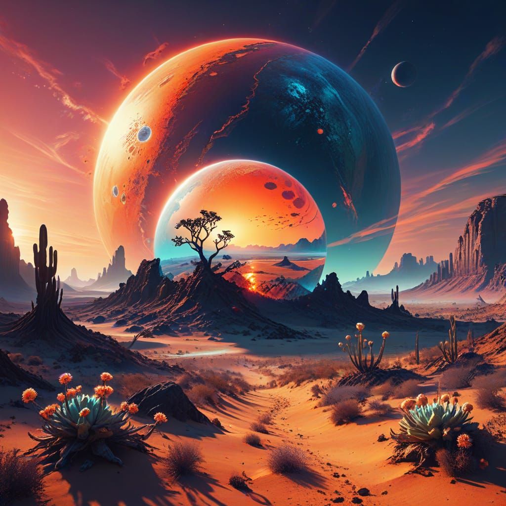 Alien Desert Planet Sunset with Twin Moons