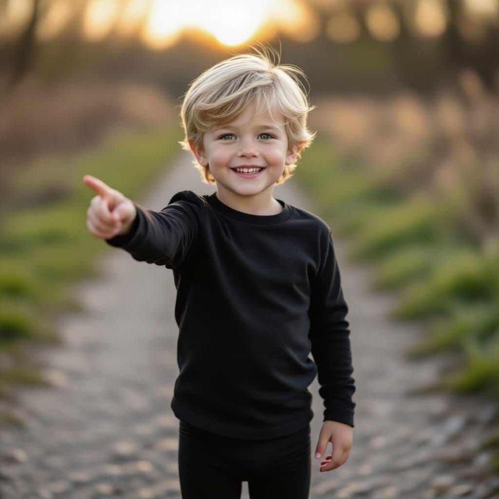 Boy with Blond Hair Points at Distant Bird on Gravel Path