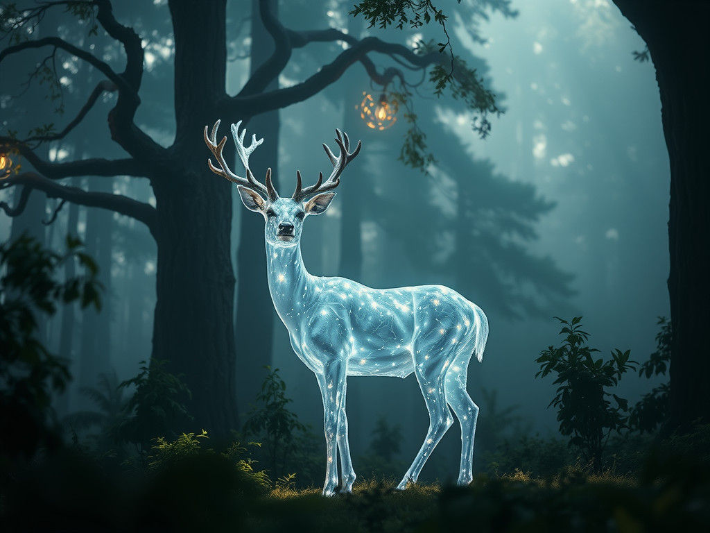 A Spirit Animal of a Deer made of Light Stands in the Forest 