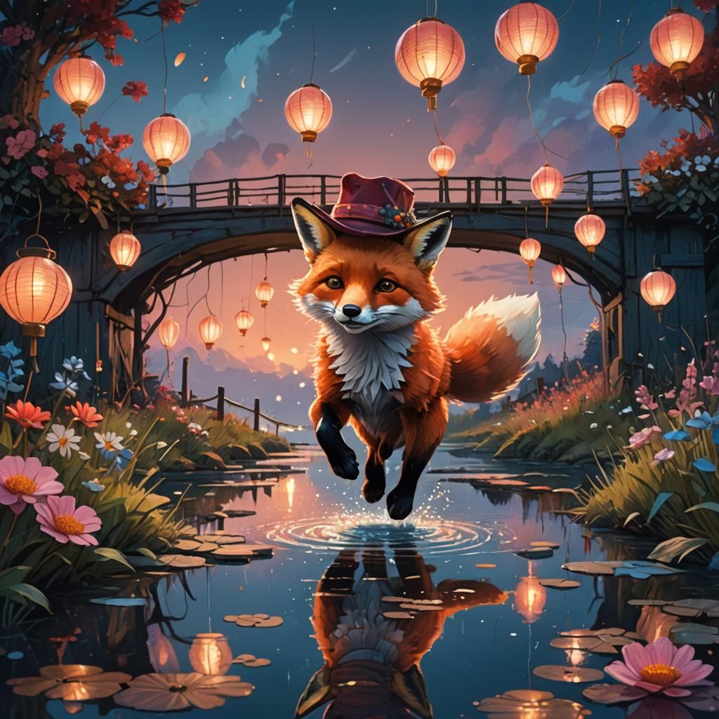 Fantasy Fox Jumps on Flower Bridge at Twilight