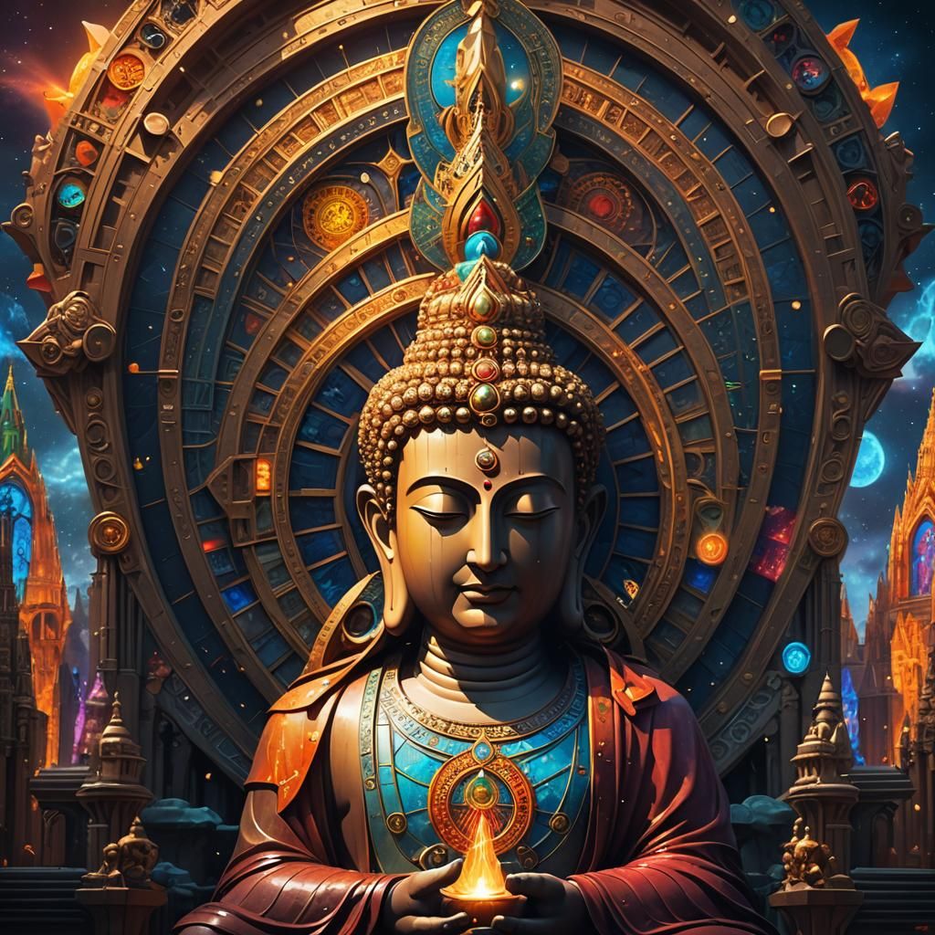 Imagen realista de seres iluminados como Buda en un ambiente...