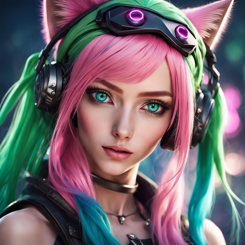 a close up portrait of a gamer girl with long pink and green hair - AI ...