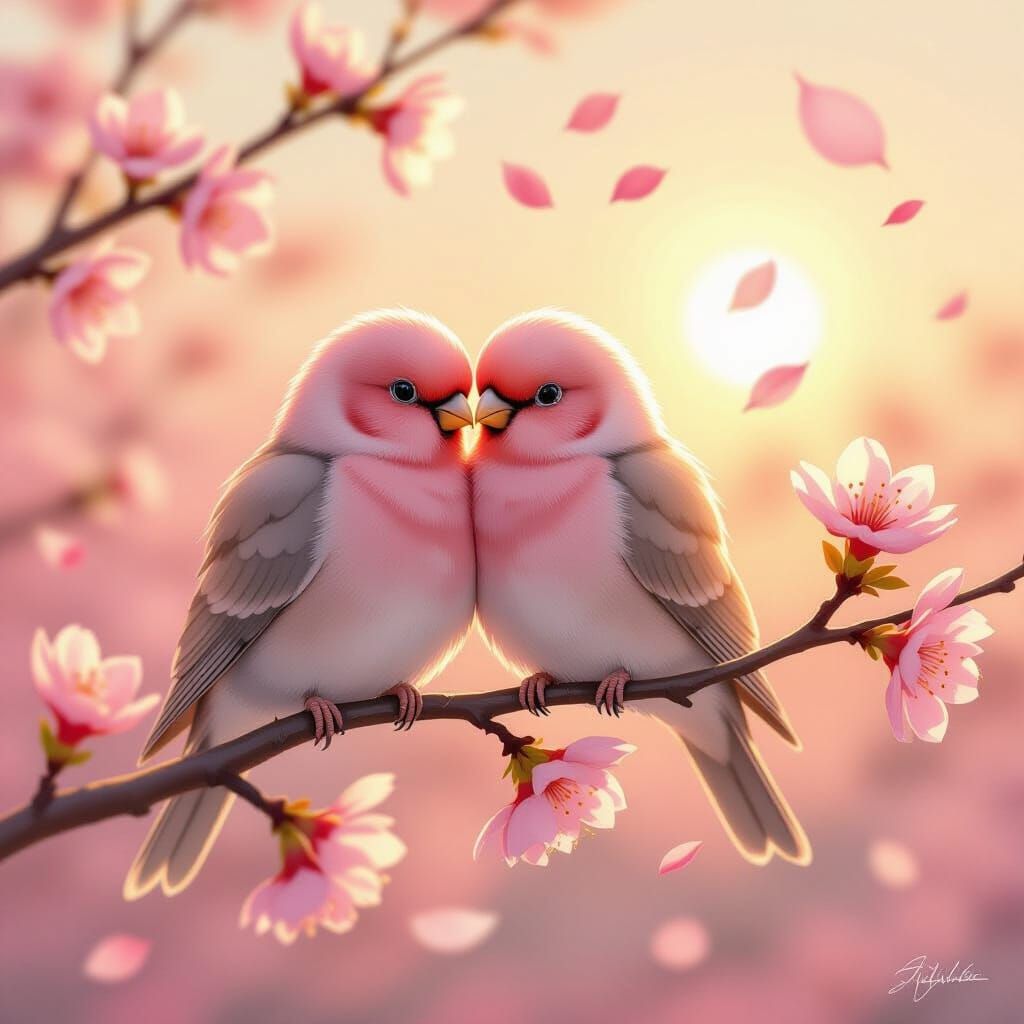 Two pink colored lovebirds hugging one another is perched on a blossoming cherry tree branch, bathed ...  by @GoldenUnicorn