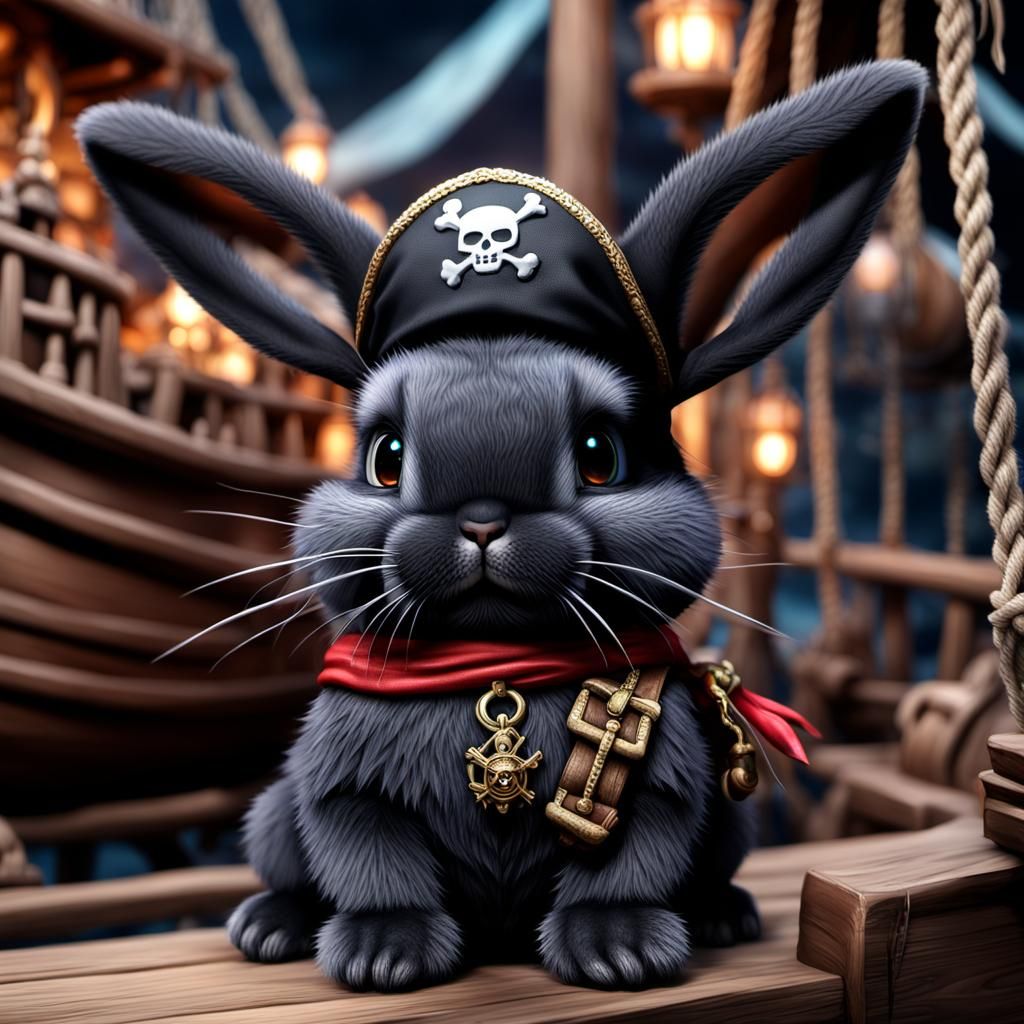 close up Portrait, cute black bunny wearing pirate outfit.