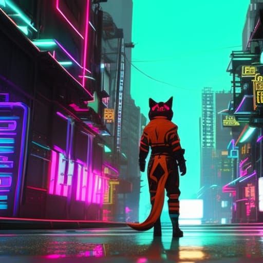 A stray-style calico cat is walking on a cyberpunk street, K...