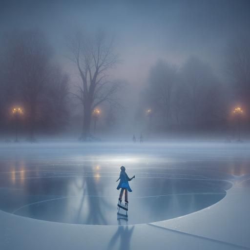 Skating on ice pond arms wide looking up