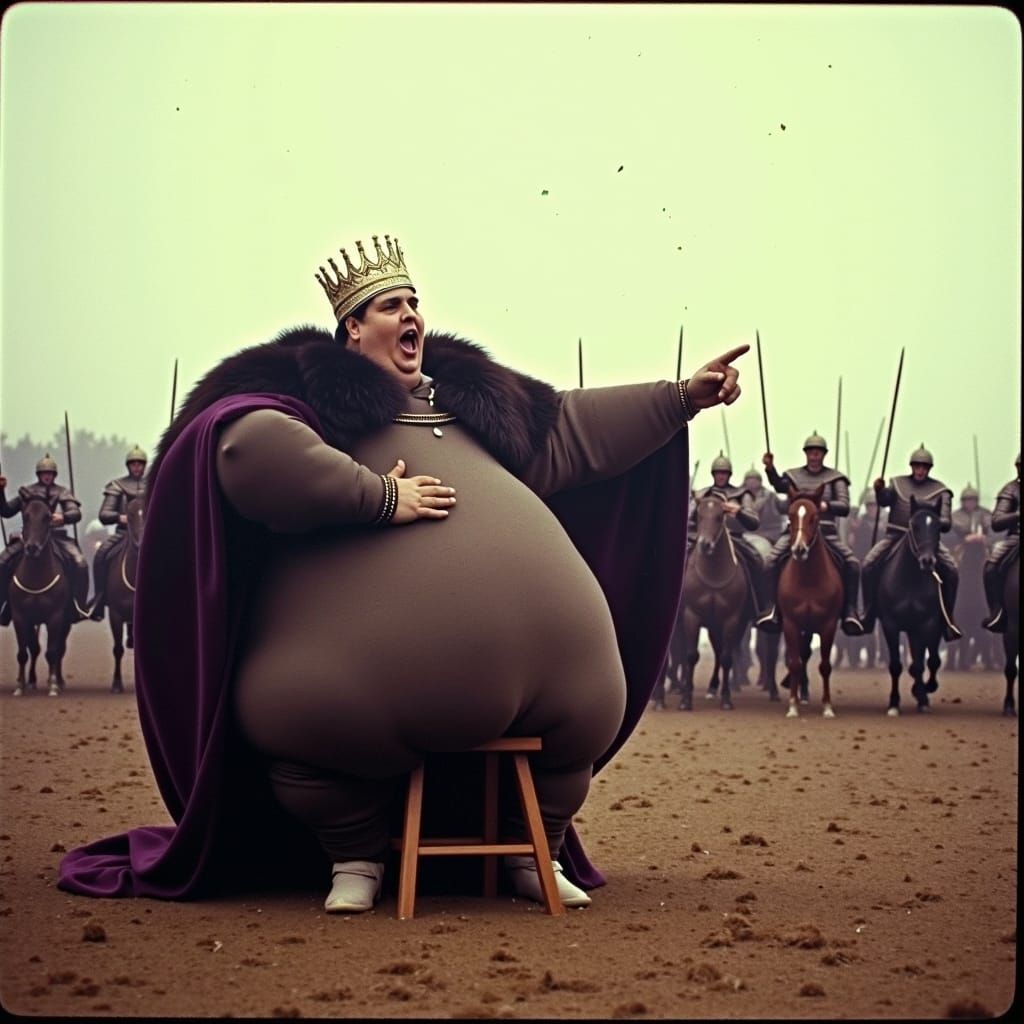 "Fair and gentle knights, as your King, I exhort you to go forth and engage the enemy in battle! For your beloved King ...