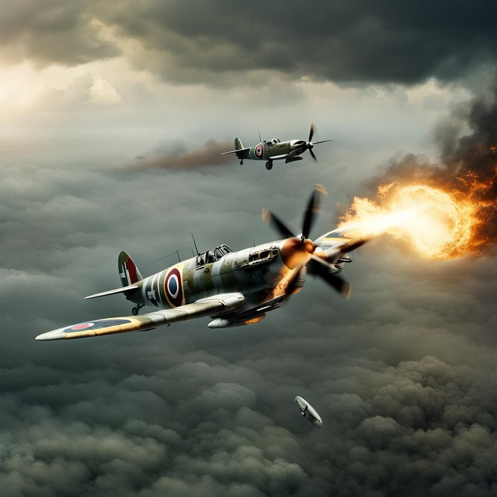 a Supermarine spitfire mk 1 heavily damaged in a dogfight - AI ...