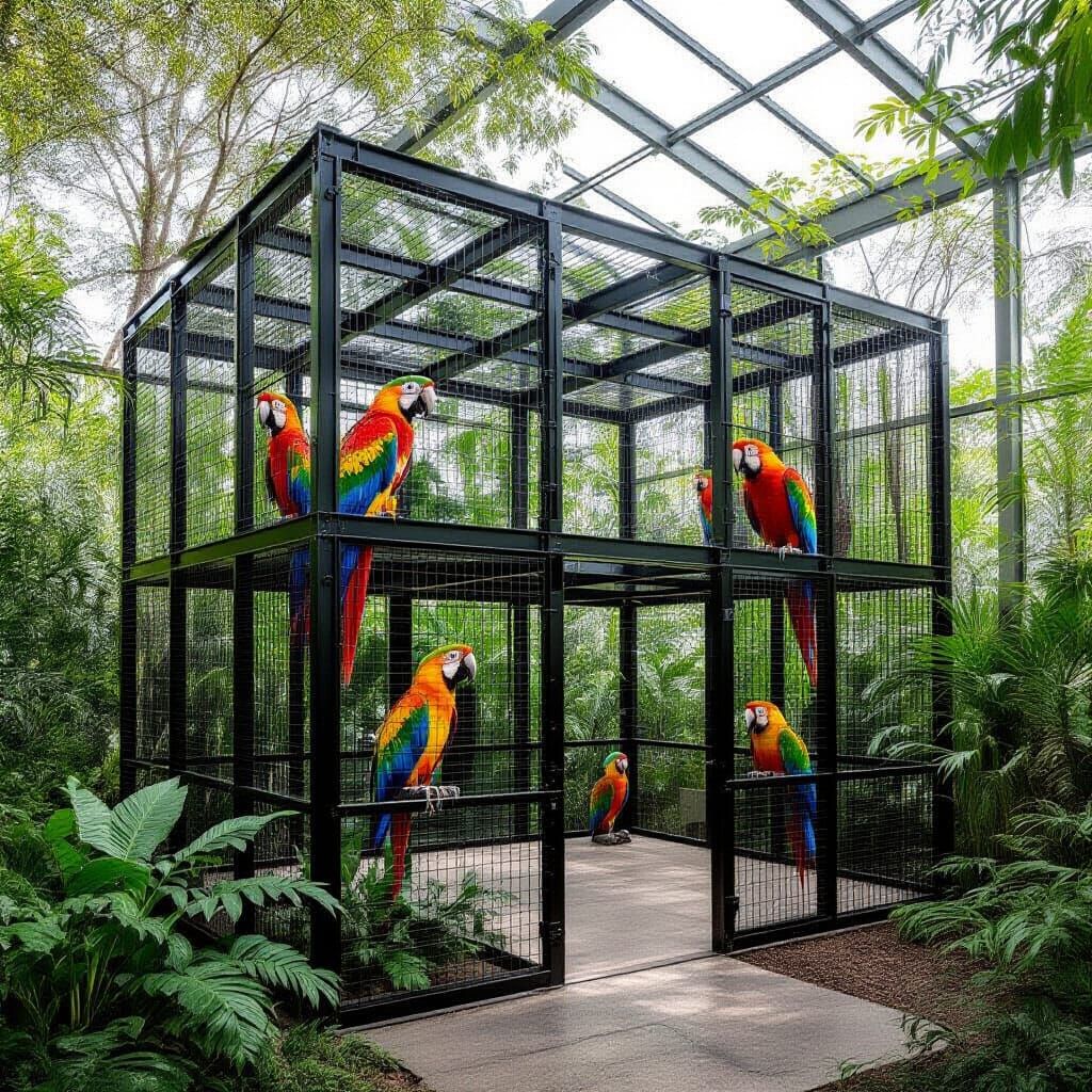 A huge outside cage with trees inside to make the natural habitat of the exotic bird species.