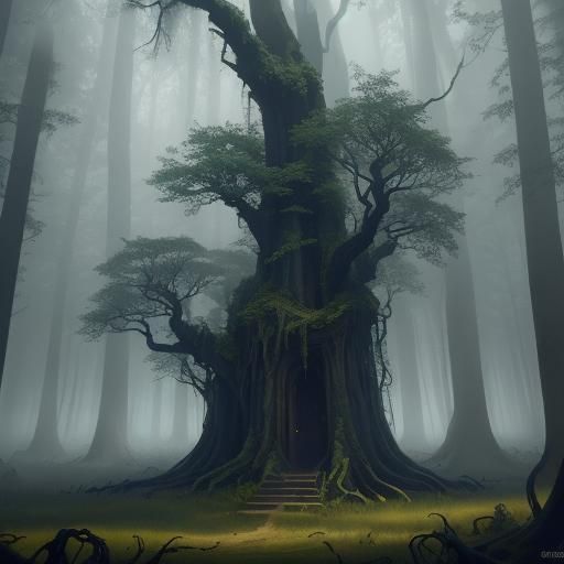 In the heart of the mysterious forest, twisted trees stand a...