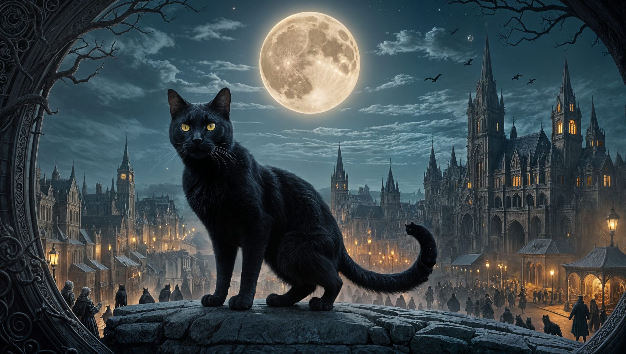 A black cat crossing in front of a full moon, embodying the classic superstition. while an audience of mythical figures watch in wonder. , E...