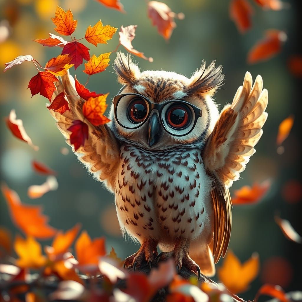 A whimsical humanoid owl joyfully tossing autumn leaves into the air, surrounded by swirling scarlet ...  by @morr5750