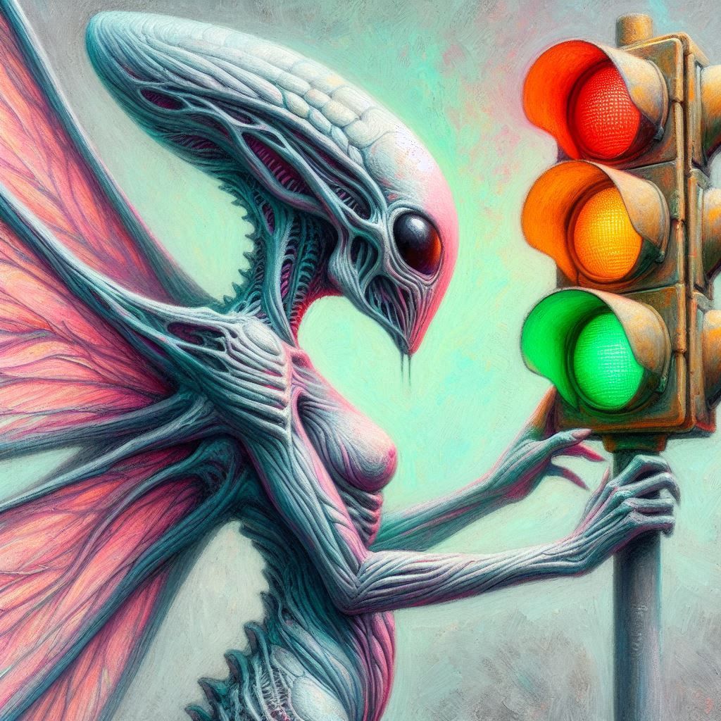 Alien fairy with traffic light