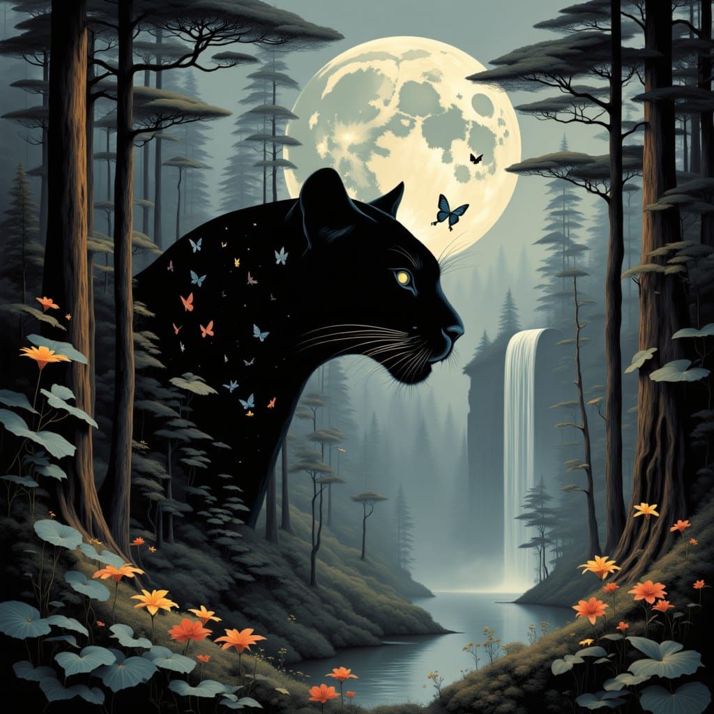 <lora:MY QUIRKY SCIENCE:1.0>
NEGATIVE-DYNAMIC-SIENCE-FICTION, Black JAGUAR'S amidst a misty forest. A giant JAGUAR head silhouette filled wi...