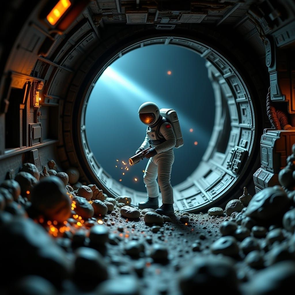 <lora:Diorama Trauma:0.8> a "Outerspace" scene, diorama. in the style of an astronaut welding the outside of the space station. Cinematic HD...