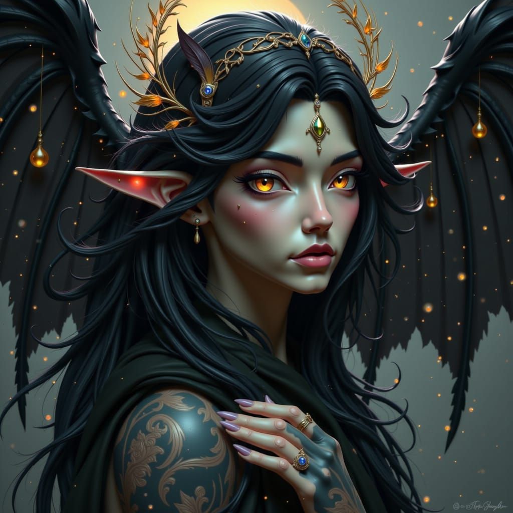 Majestic, porcelain-skinned woman with a subtle grey undertone, resembling the delicate hue of misty dawn. Her raven-black hair cascades dow...