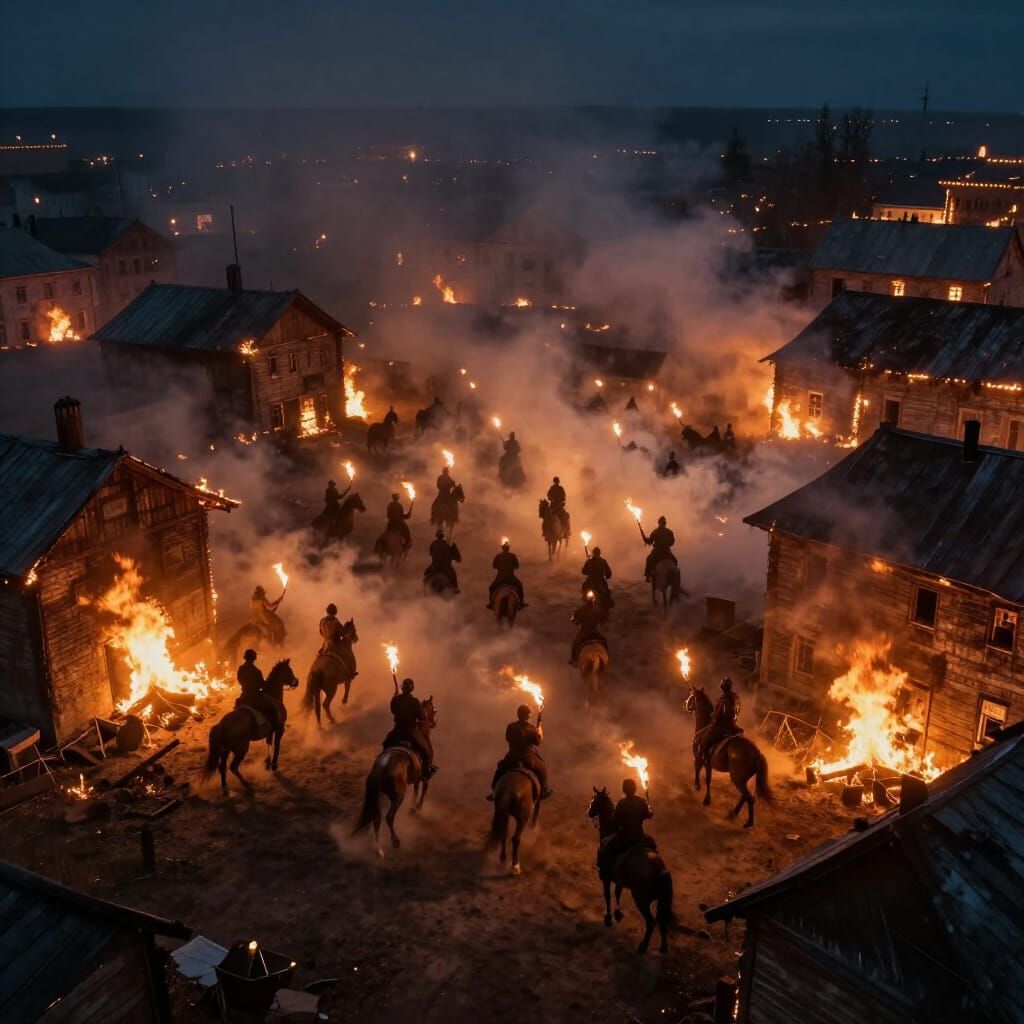 Cossacks on Horseback in Burning City at Night