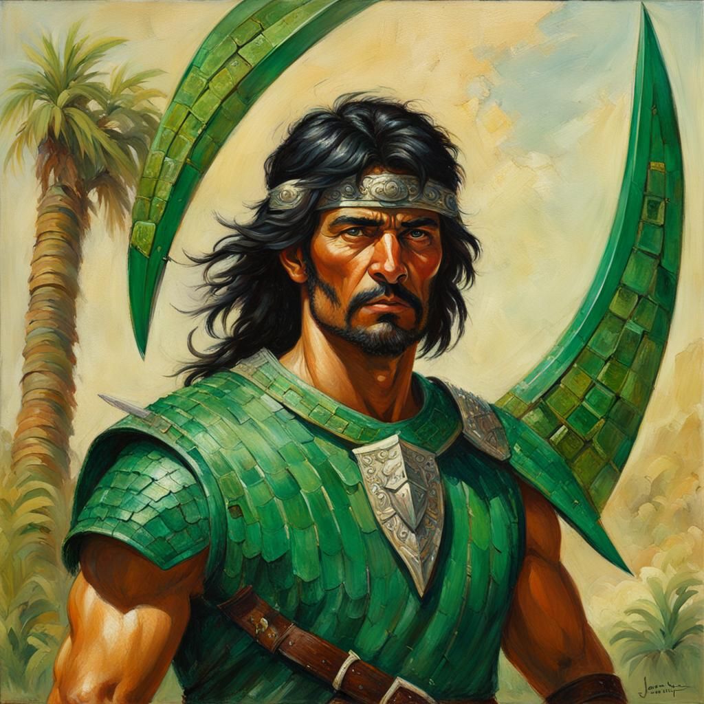 Male, Black hair, Emerald Starmetal Breastplate, Emerald Starmetal Boomerang  by @Poochamoo