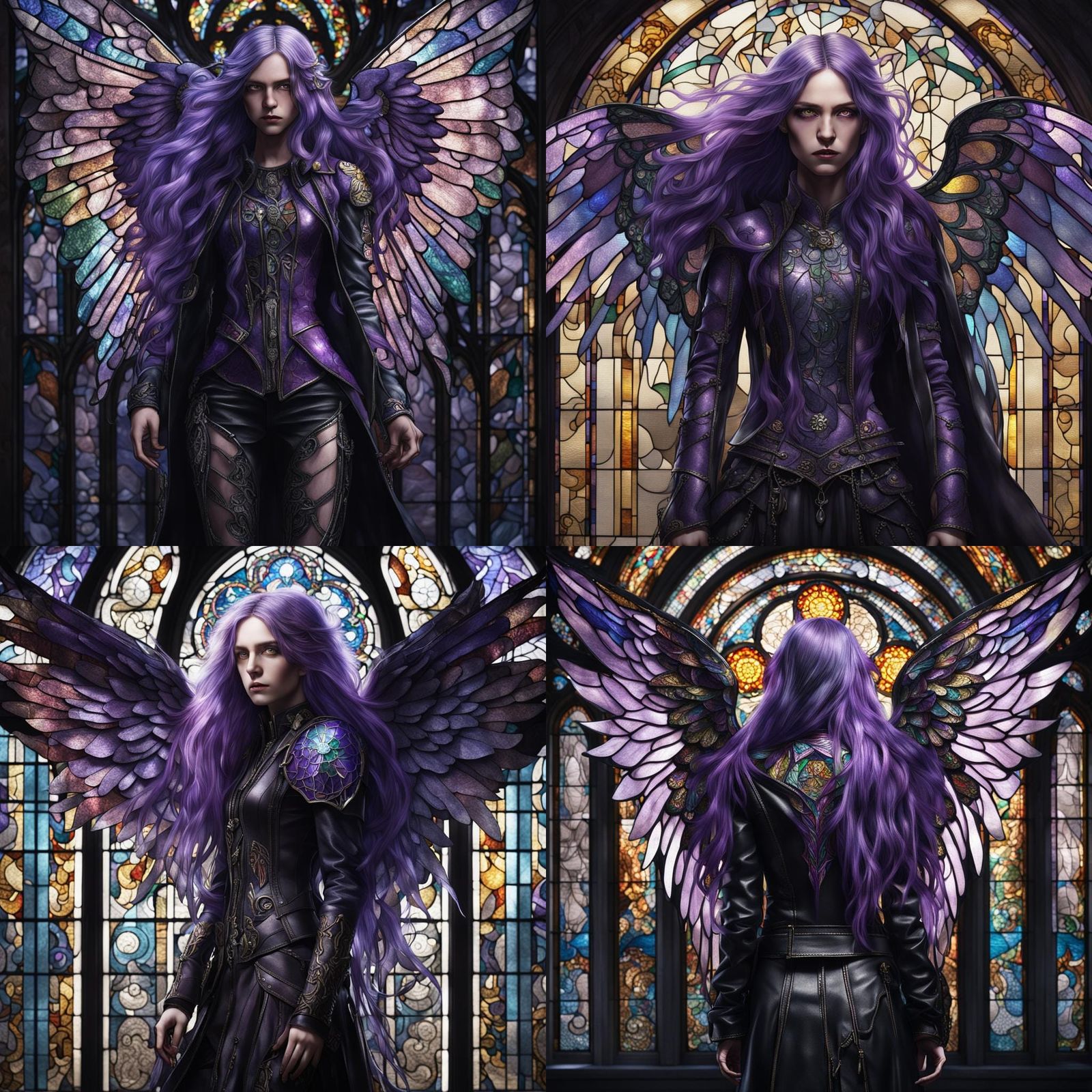 full body shot of long purple-haired angel with stained glas...