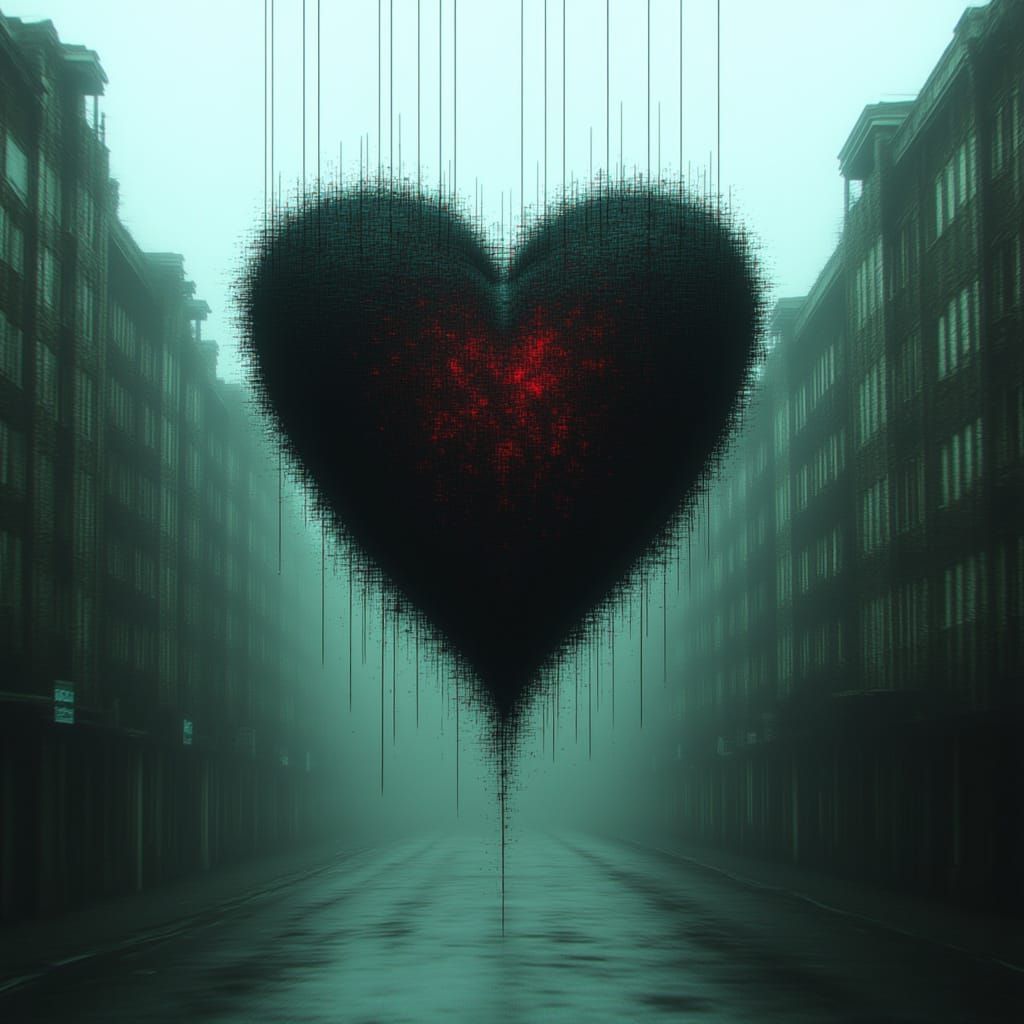  <lora:GlitchFlux MJ6-1:1.3> A giant heart made of black and red metal parts is suspended in the air, with numerous wires connecting it to b...