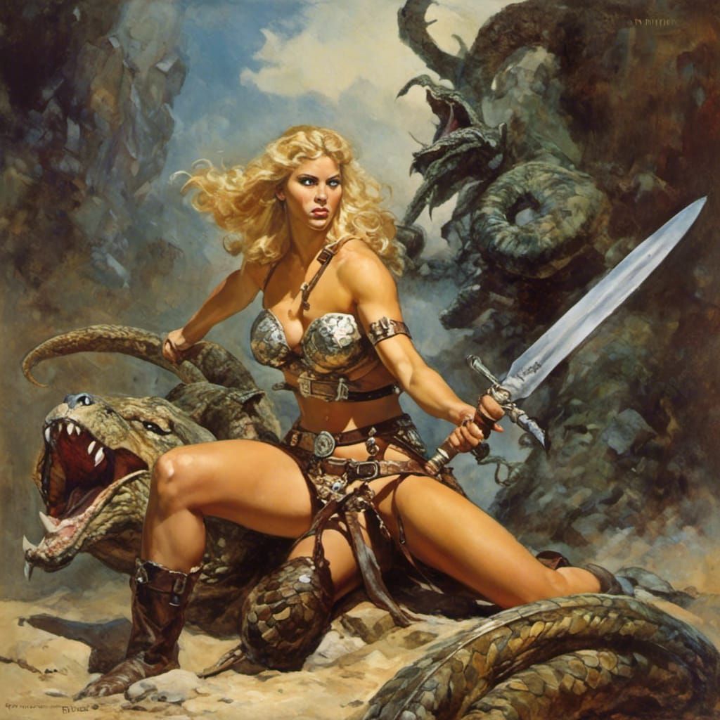 Blonde Full Figured Female Bikini Armoured Warrior With Sword And Axe Crushing Huge Serpent At