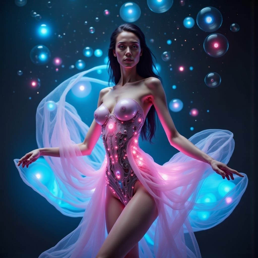 transparent woman flying in the air big black eyes showing universe wearing transparent dress flowers underneath pink skin color with neon b...