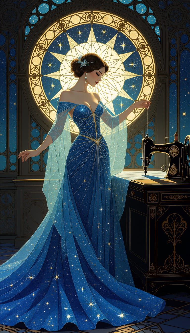  Celestial seamstress in a starry atelier, weaving gowns from starlight with comet fragment needles and nebula dust threads, each gown embod...