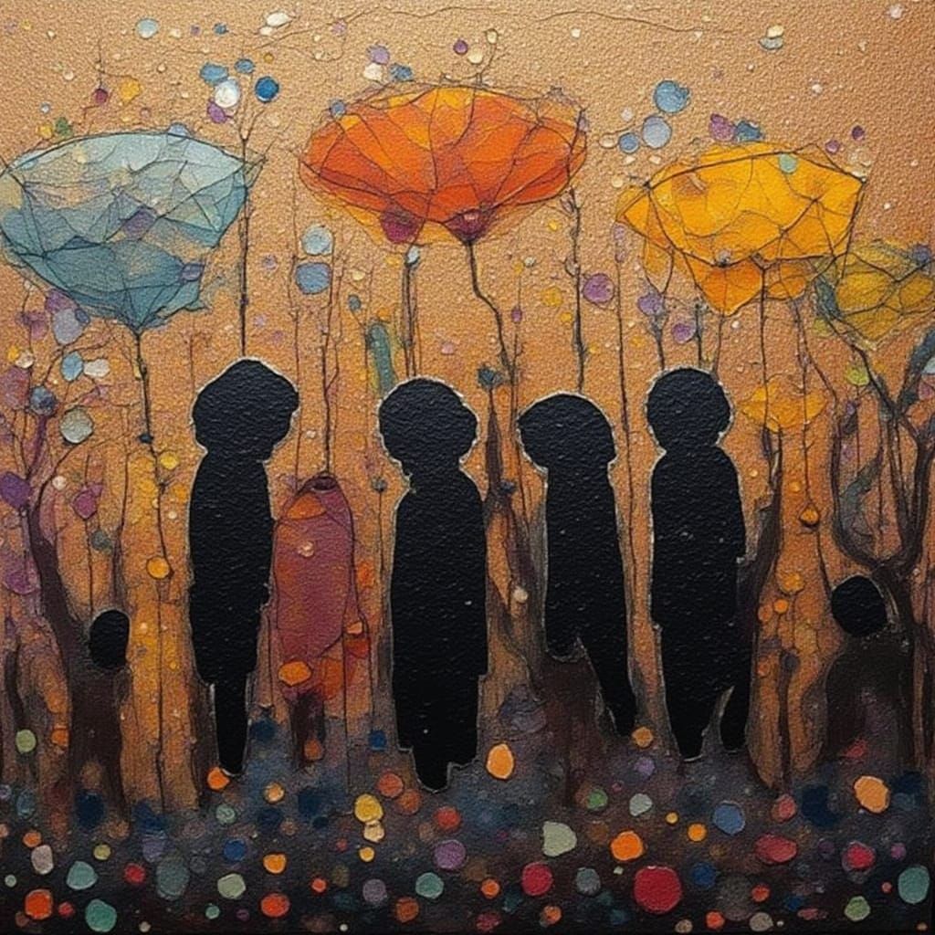 <lora:denizpeky:1.0> art of avangard  of layers of parallel lives by denizpekk, cute noir figures