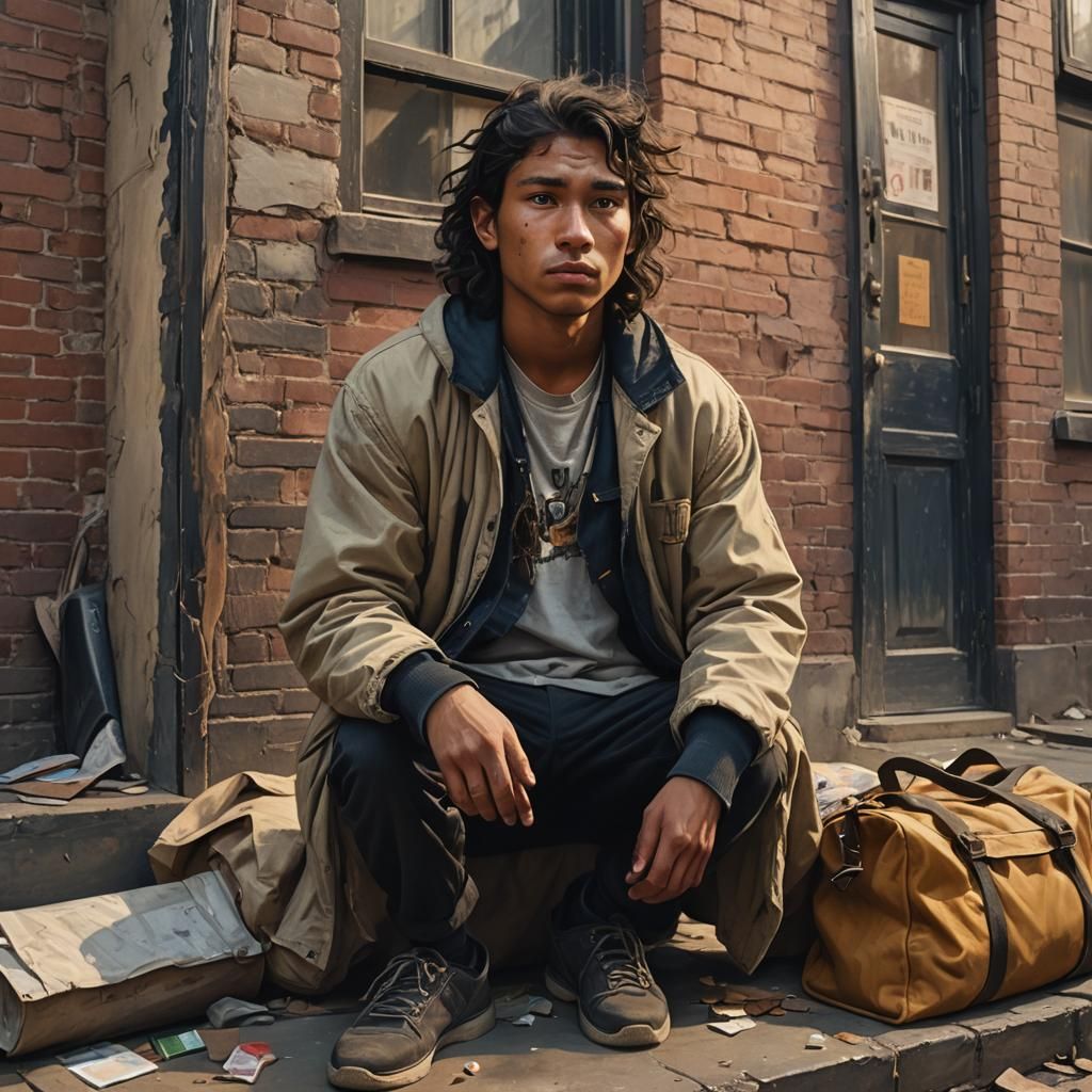A 20 year old black haired Native American man with wavy hai...