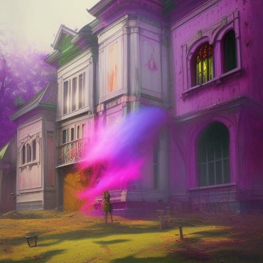 Haunted house ; ghosts ;

Purple and pink ; triadic colors ;...