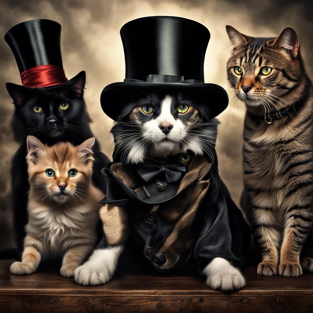 Cats and dogs warring a top hat