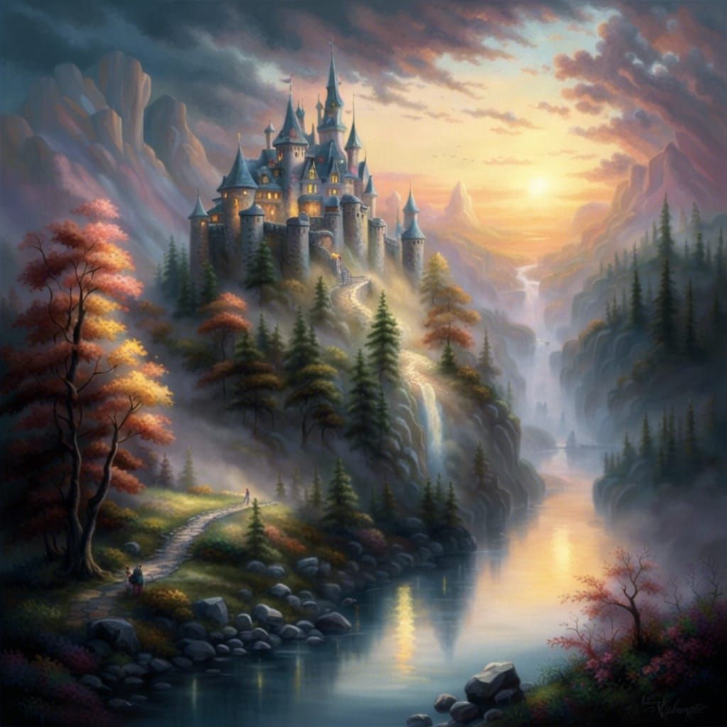 Castle in the Mountains at Sunrise