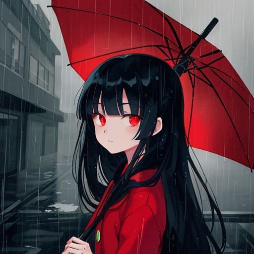 Sad Girl Under Red Umbrella in Rainy City Streets
