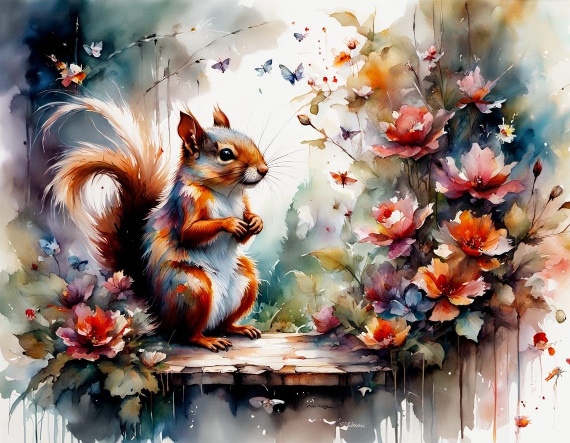 Mischievous little squirrels happily frolicking in the garden path. This artwork harmoniously blends ...  by @Pinto