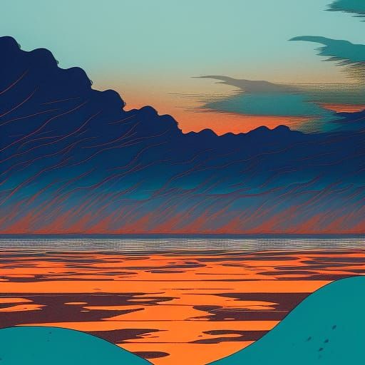 Desolate Wasteland: Ukiyo-e Woodcut in Cool Colors