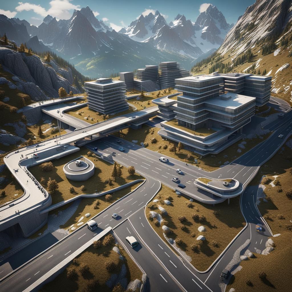 bird eye view of a beautiful road trough the alpine mountain...